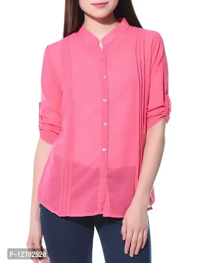 Aditii's Mantra Fashionable Women's Poly Georgette Pink Shirt with Side Pleats-thumb0