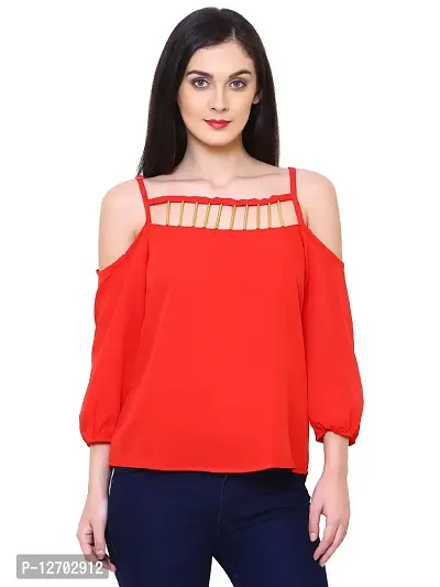 Aditii's Mantra Women Red Off Shoulder Top Gold pipework
