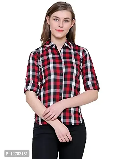 Aditii's Mantra Check Shirt for Women, Women's Rayon Roll-Up Sleeves Casual Shirt (X-Large, Black  Maroon)-thumb0