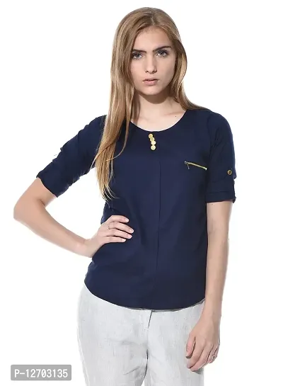 Aditii's Mantra Women/Girls Fashionable/Stylish Navy Blue Solid Side Zip for Jeans/Pant Rayon Golden Buttoned Western top