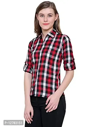 Aditii's Mantra Check Shirt for Women, Women's Rayon Roll-Up Sleeves Casual Shirt (X-Large, Black  Maroon)-thumb2