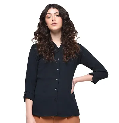 Aditii's Mantra Women's Georgette Roll-Up Sleeves Casual Shirt(Navy Blue)