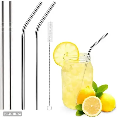 Stainless Steel Straws with Cleaning Brush for Kids  Adults, Bent Reusable Metal Straws, Cutlery (Pack of 2 Straight  2 Bent, 1 Brush) Long Steel Straws for Drinking  Drinks, Silver-thumb0