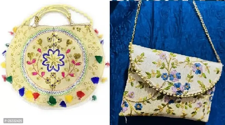 Stylish Multicoloured Fabric Embroidered Handbags For Women Pack Of 2