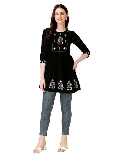 ARADHNA Women Casual Rayon Embroidered Peplum Top (XX-Large, Black)