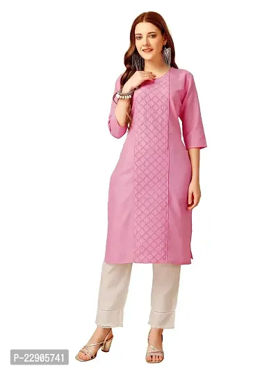 ARADHNA Women's Cotton Blend Embroidered Straight Kurti Pant (Large, Pink)-thumb0