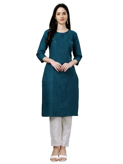 Narrow fashion Women's Straight Embroidery Kurti (M, Blue)