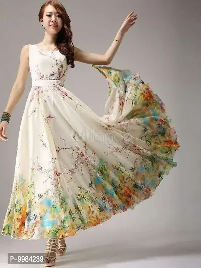 Fabulous Beige Floral Print Georgette Stitched Gown For Women-thumb0