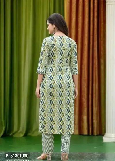 Stylish Green Cotton Printed Kurta Pant Set With Dupatta For Women-thumb2