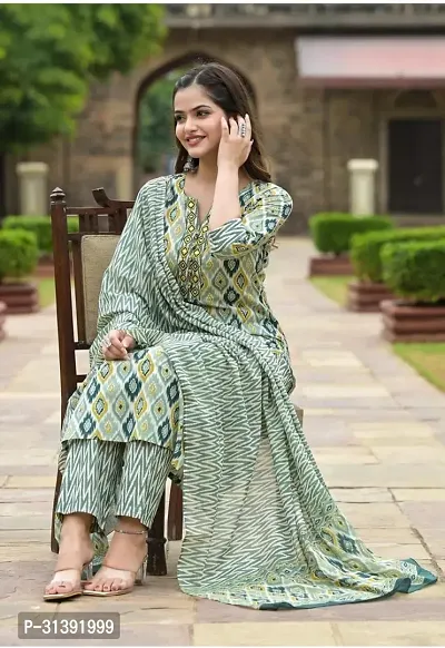 Stylish Green Cotton Printed Kurta Pant Set With Dupatta For Women-thumb5