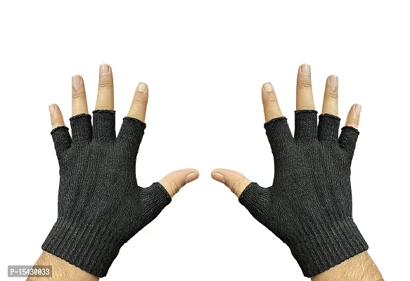 Neeba Black Fingercut Warm Unisex Woolen Knit Hand Gloves For Cold Weather Free Size pack of 1-thumb2