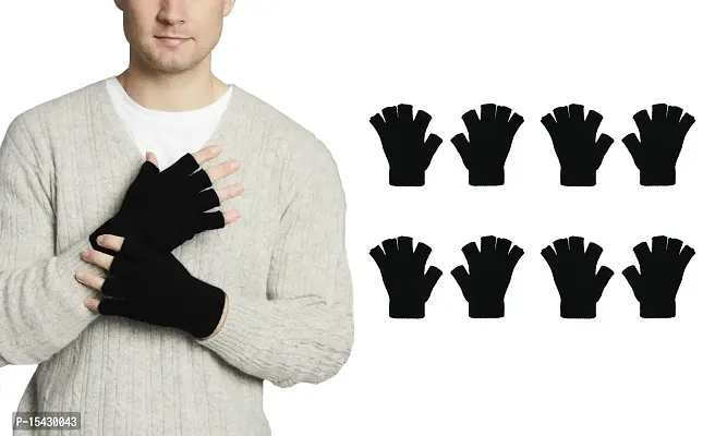 Neeba Black Fingercut/Fingerless Gloves Winter Half Finger Knit Gloves For Men (Pack of 4)