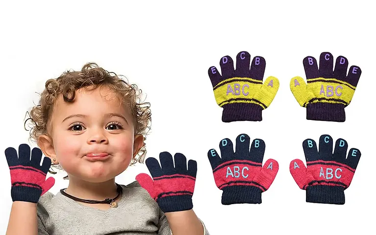 Neeba Baby Boy's & Baby Girl's Soft Woolen Winter Warm Kids ABCD Gloves Size Free Pack of 2