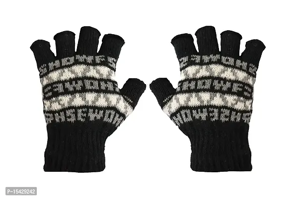 Neeba Black Printed Fingercut/Fingerless Gloves Winter Half Finger Knit Gloves For Women (Pack of 3)-thumb2