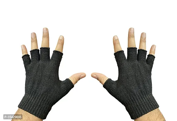 Neeba Black Fingercut Warm Unisex Woolen Knit Hand Gloves For Cold Weather Free Size pack of 2-thumb2