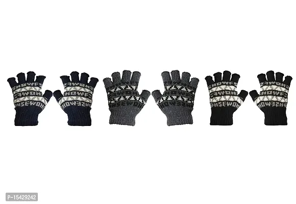 Neeba Black Printed Fingercut/Fingerless Gloves Winter Half Finger Knit Gloves For Women (Pack of 3)-thumb0