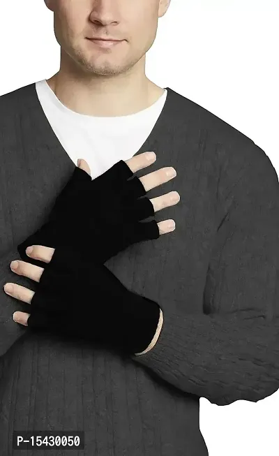 Neeba Black Fingercut/Fingerless Gloves Winter Half Finger Knit Gloves For Men (Pack of 1)-thumb4