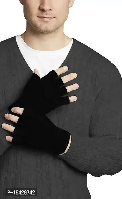 Neeba Black Fingercut/Fingerless Gloves Winter Half Finger Knit Gloves For Men (Pack of 2)-thumb4