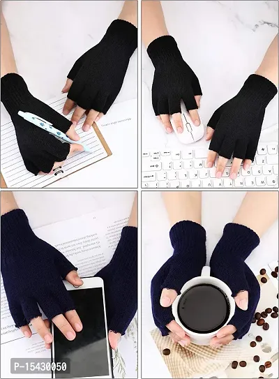 Neeba Black Fingercut/Fingerless Gloves Winter Half Finger Knit Gloves For Men (Pack of 1)-thumb3