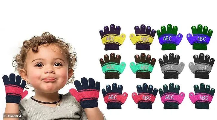 Neeba Baby Boy's  Baby Girl's Soft Woolen Winter Warm Kids ABCD Gloves Size Free Pack of 6-thumb0