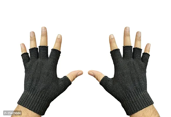 Neeba Black Fingercut Warm Unisex Woolen Knit Hand Gloves For Cold Weather Free Size pack of 6-thumb2