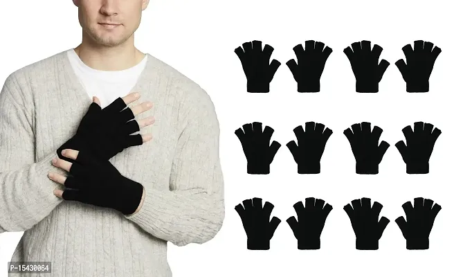 Neeba Black Fingercut/Fingerless Gloves Winter Half Finger Knit Gloves For Men (Pack of 6)-thumb0