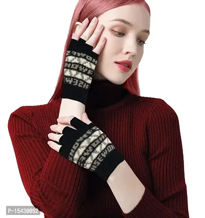 Neeba Black Printed Fingercut/Fingerless Gloves Winter Half Finger Knit Gloves For Women (Pack of 1)-thumb0