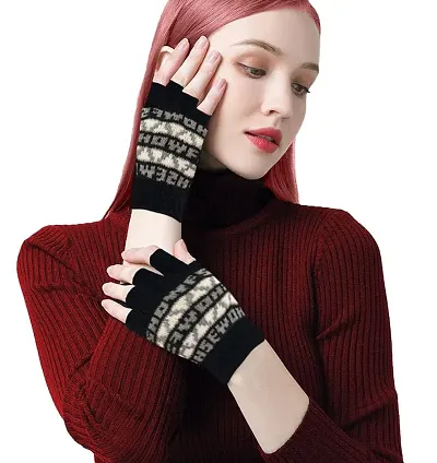 Neeba Black Printed Fingercut/Fingerless Gloves Winter Half Finger Knit Gloves For Women