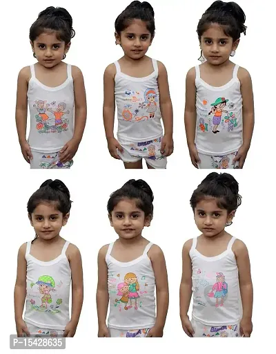 Neeba White Sleeveless Regular Fit Cotton Printed Slips/Vest Innerwear/Camisoles for Kids/Girls Pack of 6-thumb0