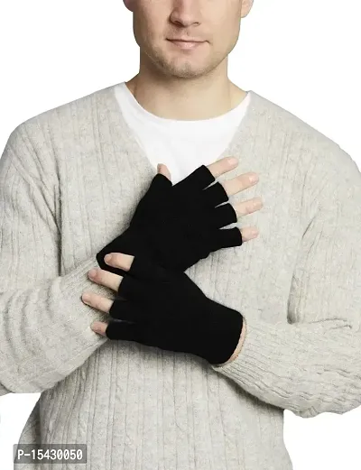 Neeba Black Fingercut/Fingerless Gloves Winter Half Finger Knit Gloves For Men (Pack of 1)-thumb0