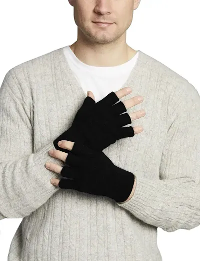 Neeba Black Fingercut/Fingerless Gloves Winter Half Finger Knit Gloves For Men