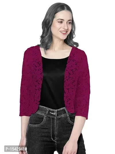 Neeba 3/4th Sleeves Cotton Net Floral Design Shrug for Women  Girls for Both Casual  Formal Wear-thumb0