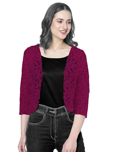 Neeba 3/4th Sleeves Net Floral Design Shrug for Women Girls for Both Casual Formal Wear