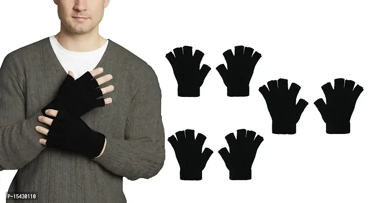 Neeba Black Fingercut/Fingerless Gloves Winter Half Finger Knit Gloves For Men (Pack of 3)