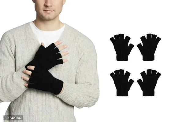 Neeba Black Fingercut/Fingerless Gloves Winter Half Finger Knit Gloves For Men (Pack of 2)-thumb0