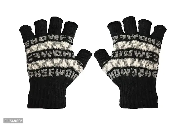 Neeba Black Printed Fingercut/Fingerless Gloves Winter Half Finger Knit Gloves For Women (Pack of 1)-thumb2