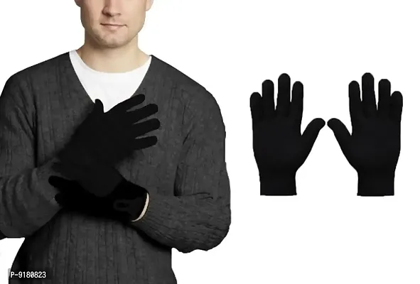 Black Warm Woolen Full Gloves For Men Pack of 1-thumb0