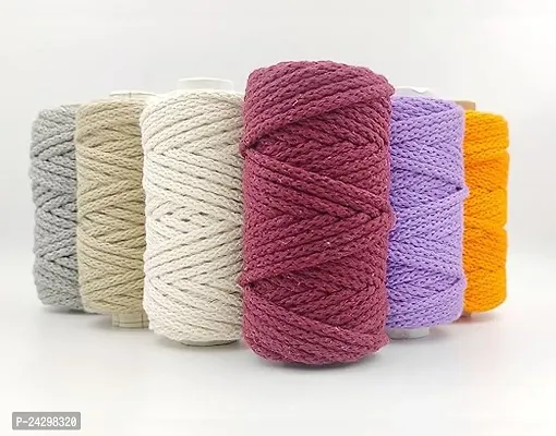Bobbiny 3Ply Knitted Macrame Cotton Cord Dori(Each Color 4Mm 10 Meter) Thread For Macrame Diy And Other Projects_Purple,Orange,Maroon,Off White,Grey,Light Chiku.