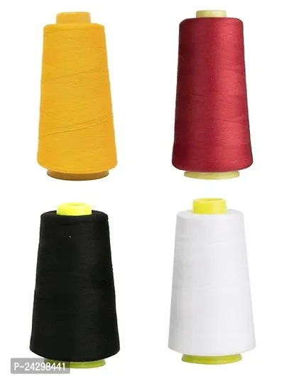 Bobbiny Sewing Thread Pack Of 4 Yellow, Red, Black, White(4000 Meter Per Spool) Spools Cones Rolls For Stitching, Sewing, Tassel Making, Embroidery, Crafts, Shiny Soft Thread Spools