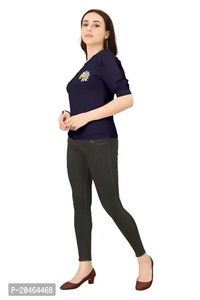 INK FREE FASHION Women Puff Sleeve T-Shirt (X-Large, Navy Blue)-thumb2