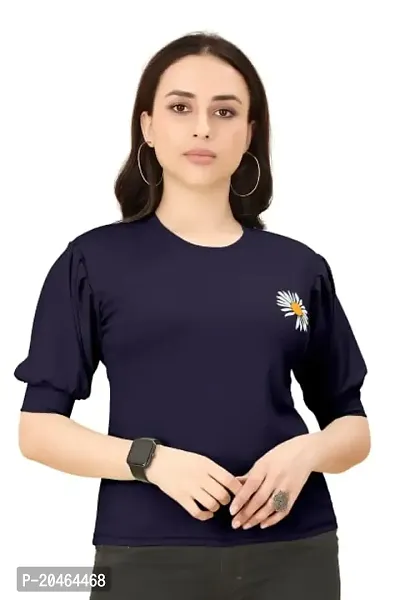 INK FREE FASHION Women Puff Sleeve T-Shirt (X-Large, Navy Blue)