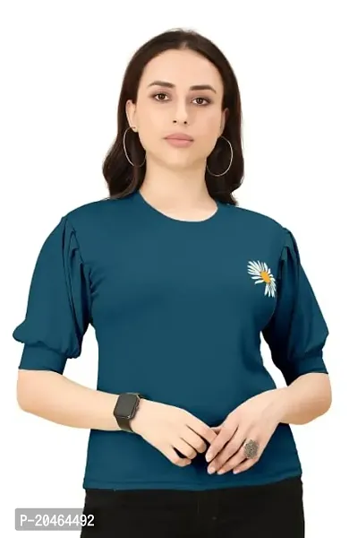 INK FREE FASHION Women Puff Sleeve T-Shirt (Small, Teal)