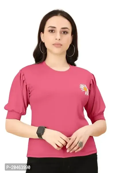 INK FREE FASHION Women Puff Sleeve T-Shirt (X-Large, Pink)-thumb0