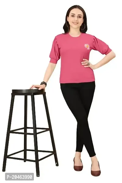 INK FREE FASHION Women Puff Sleeve T-Shirt (X-Large, Pink)-thumb4
