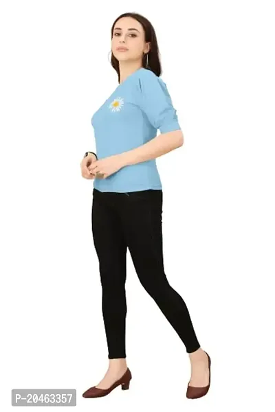 INK FREE FASHION Women Puff Sleeve T-Shirt (Medium, Sky Blue)-thumb4