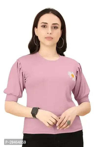 INK FREE FASHION Women Puff Sleeve T-Shirt (Medium, Peach)