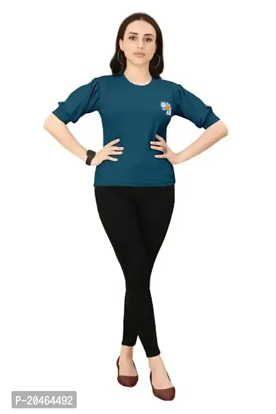 INK FREE FASHION Women Puff Sleeve T-Shirt (Small, Teal)-thumb5