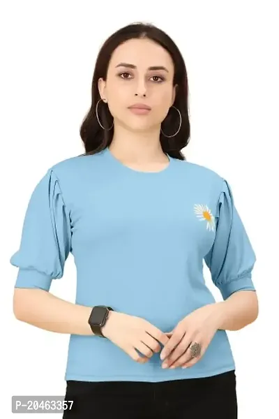 INK FREE FASHION Women Puff Sleeve T-Shirt (Medium, Sky Blue)-thumb0