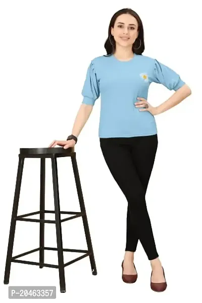 INK FREE FASHION Women Puff Sleeve T-Shirt (Medium, Sky Blue)-thumb3