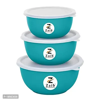 Zaib Microwave Safe Stainless Steel Food Storage Containers with Lid Set of 3 Capacity [ 1250 ML, 750 ML, 500 ML ] (Turquoise Plain)-thumb0